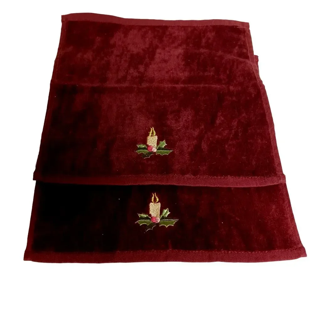 🛀🏻🍂2 Vintage Brown Holiday Washcloth Set Candle Holly Embroidered Christmas